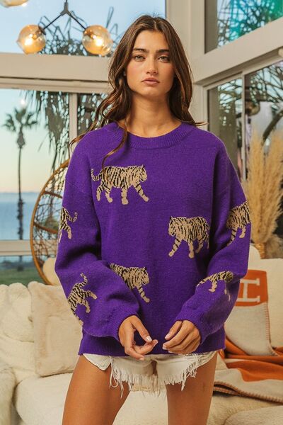 BiBi Tiger Pattern Long Sleeve Sweater-Sweaters/Sweatshirts-Inspired by Justeen-Women's Clothing Boutique in Chicago, Illinois