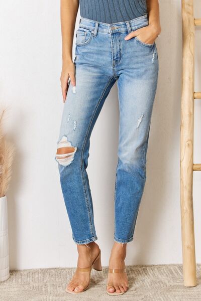 Kancan High Rise Distressed Slim Straight Jeans-Denim-Inspired by Justeen-Women's Clothing Boutique in Chicago, Illinois