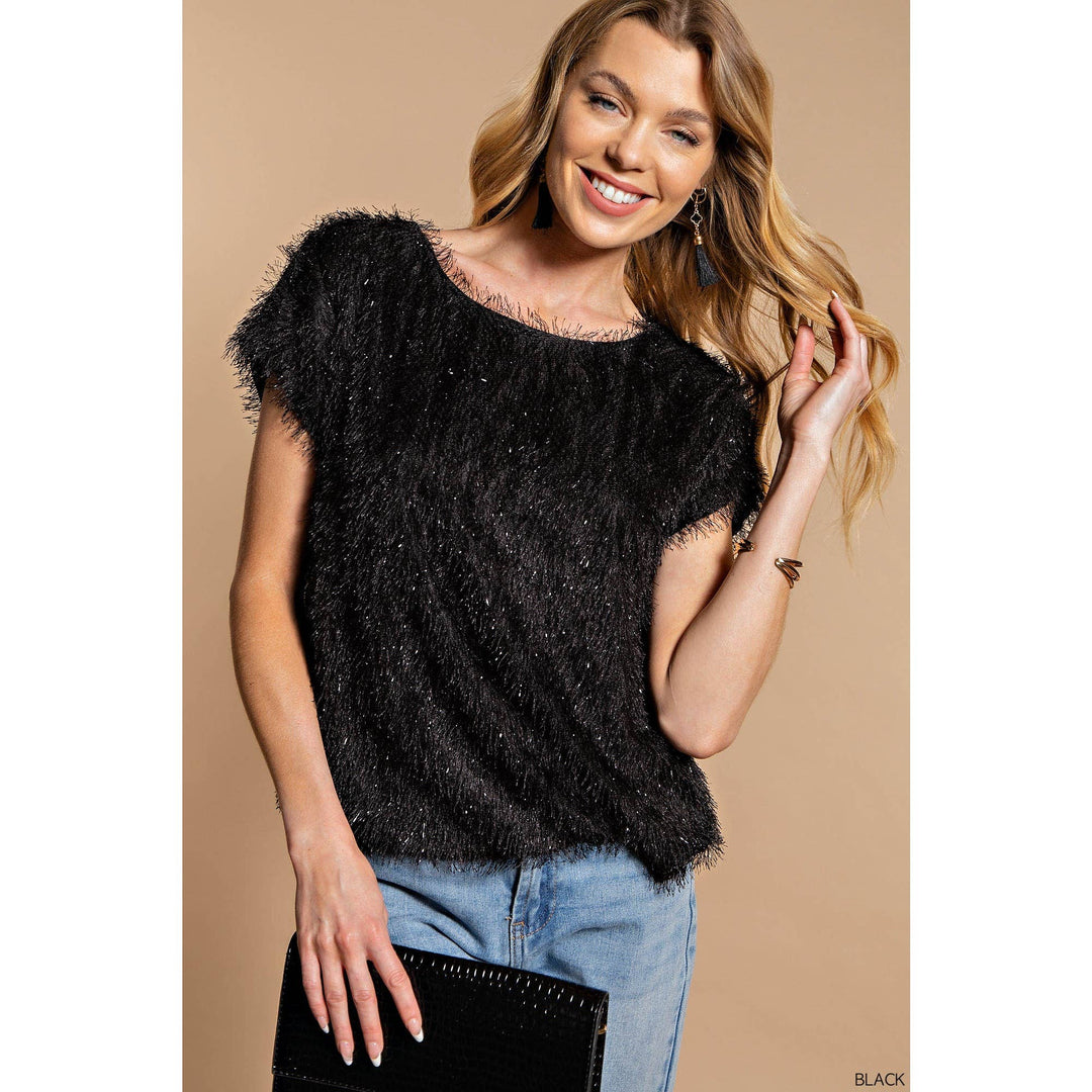 Lila Shaggy Metallic Eyelash Top, Black-Short Sleeve Tops-Inspired by Justeen-Women's Clothing Boutique in Chicago, Illinois