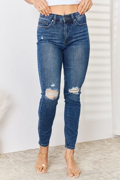 Judy Blue Full Size High Waist Distressed Slim Jeans-Denim-Inspired by Justeen-Women's Clothing Boutique in Chicago, Illinois