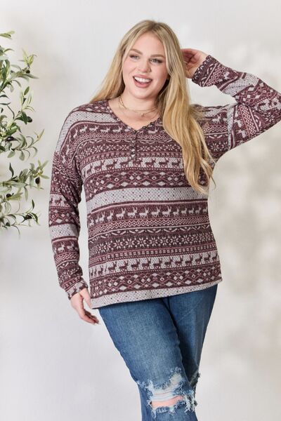 Heimish Full Size Christmas Element Buttoned Long Sleeve Top-Long Sleeve Tops-Inspired by Justeen-Women's Clothing Boutique in Chicago, Illinois