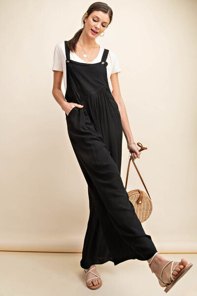 Kori America Full Size Sleeveless Ruched Wide Leg Overalls-Jumpsuits-Inspired by Justeen-Women's Clothing Boutique