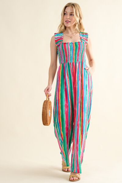 And The Why Full Size Striped Smocked Sleeveless Jumpsuit-Jumpsuits & Rompers-Inspired by Justeen-Women's Clothing Boutique in Chicago, Illinois