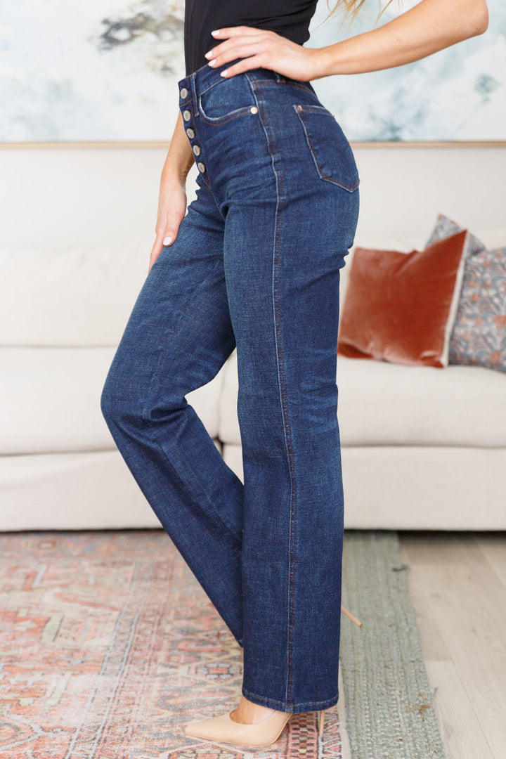 Arlo High Rise Button-Fly Straight Jeans-Denim-Inspired by Justeen-Women's Clothing Boutique in Chicago, Illinois