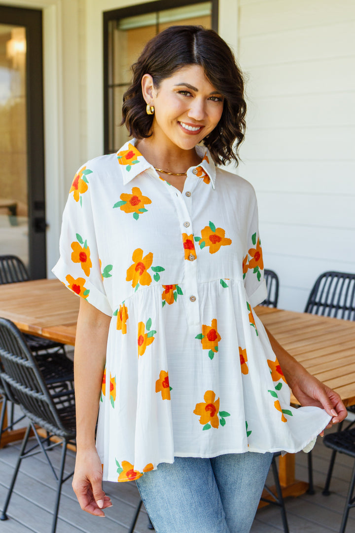 Blissed Out Button Up Babydoll Tunic-Short Sleeve Tops-Inspired by Justeen-Women's Clothing Boutique in Chicago, Illinois