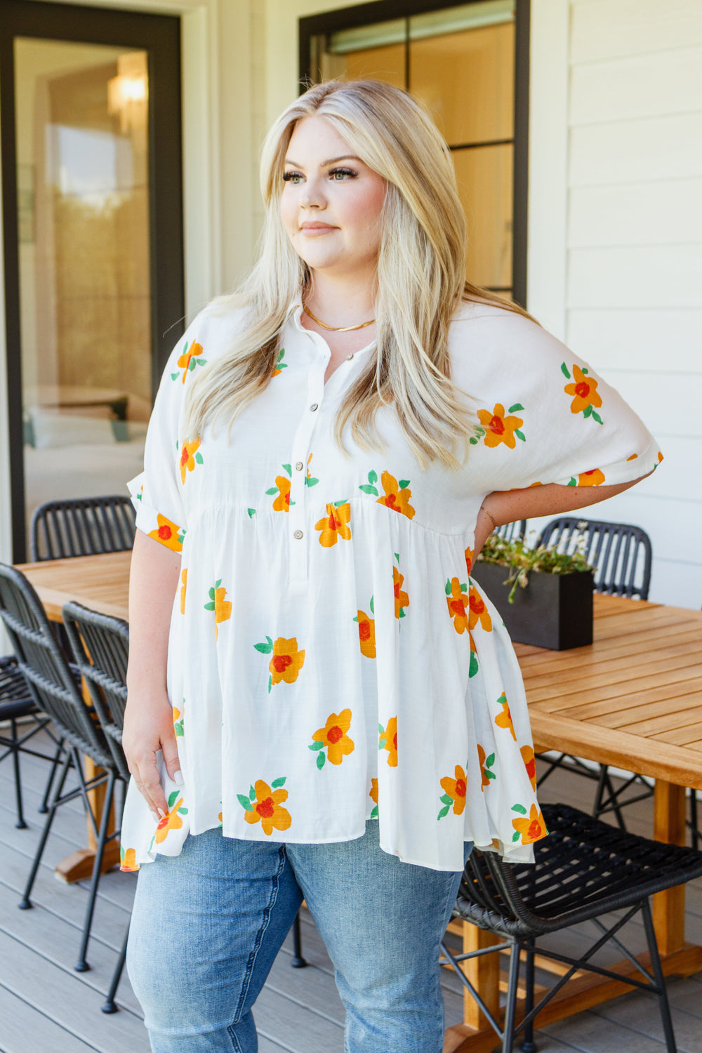 Blissed Out Button Up Babydoll Tunic-Short Sleeve Tops-Inspired by Justeen-Women's Clothing Boutique in Chicago, Illinois