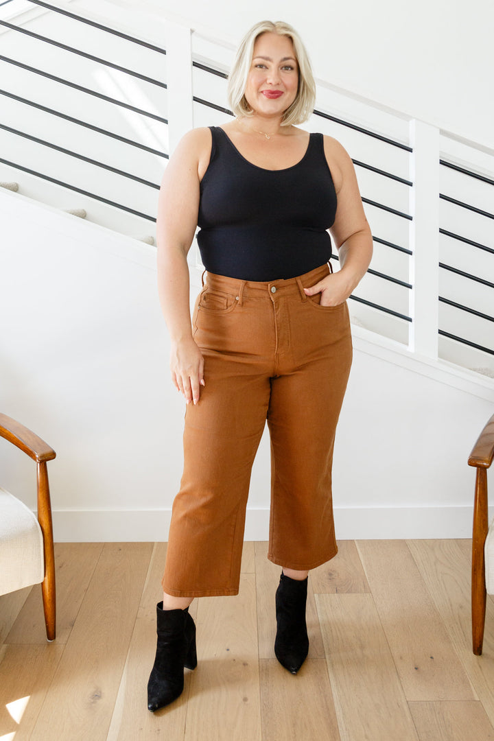 Briar High Rise Control Top Wide Leg Crop Jeans in Camel-Denim-Inspired by Justeen-Women's Clothing Boutique in Chicago, Illinois