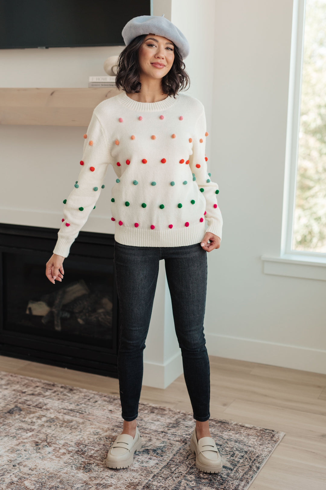 Candy Buttons Pom Detail Sweater-Sweaters/Sweatshirts-Inspired by Justeen-Women's Clothing Boutique