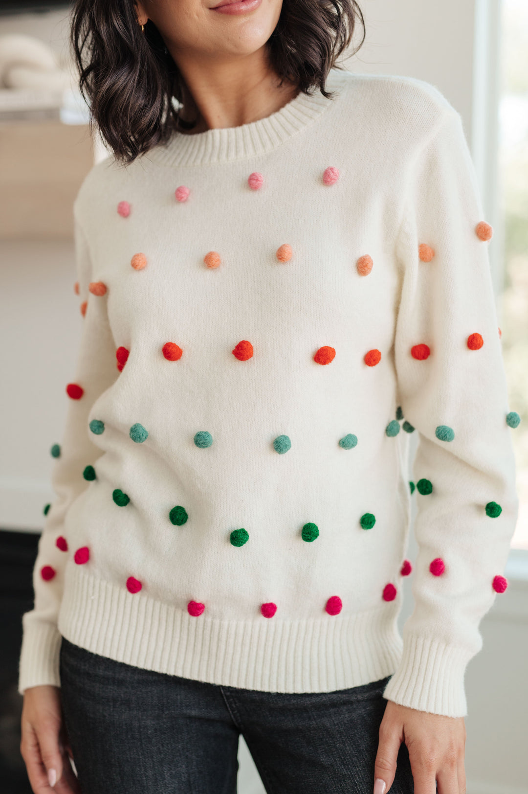 Candy Buttons Pom Detail Sweater-Sweaters/Sweatshirts-Inspired by Justeen-Women's Clothing Boutique in Chicago, Illinois