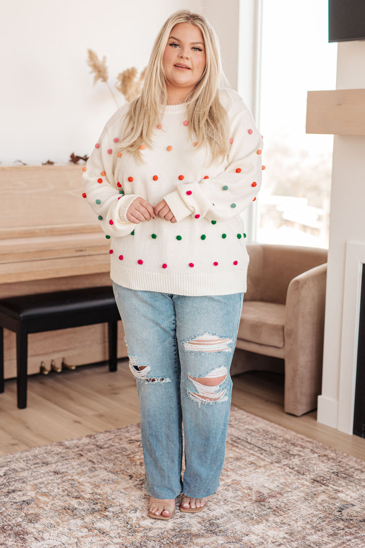 Candy Buttons Pom Detail Sweater-Sweaters/Sweatshirts-Inspired by Justeen-Women's Clothing Boutique