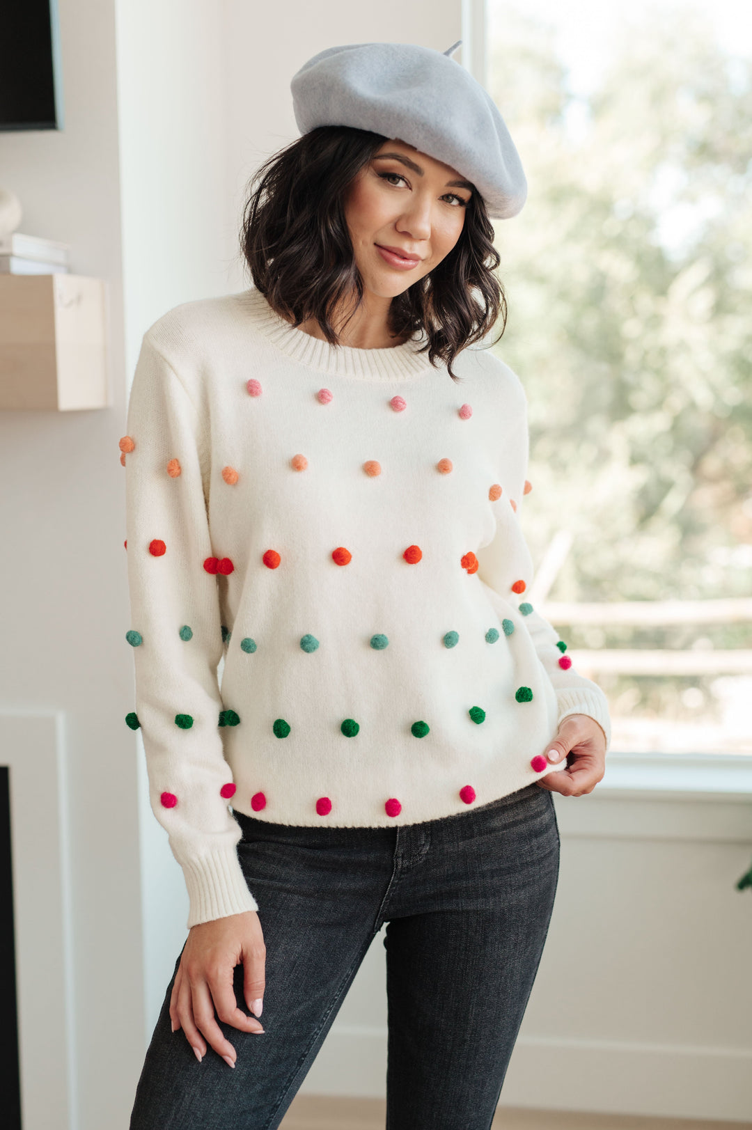 Candy Buttons Pom Detail Sweater-Sweaters/Sweatshirts-Inspired by Justeen-Women's Clothing Boutique