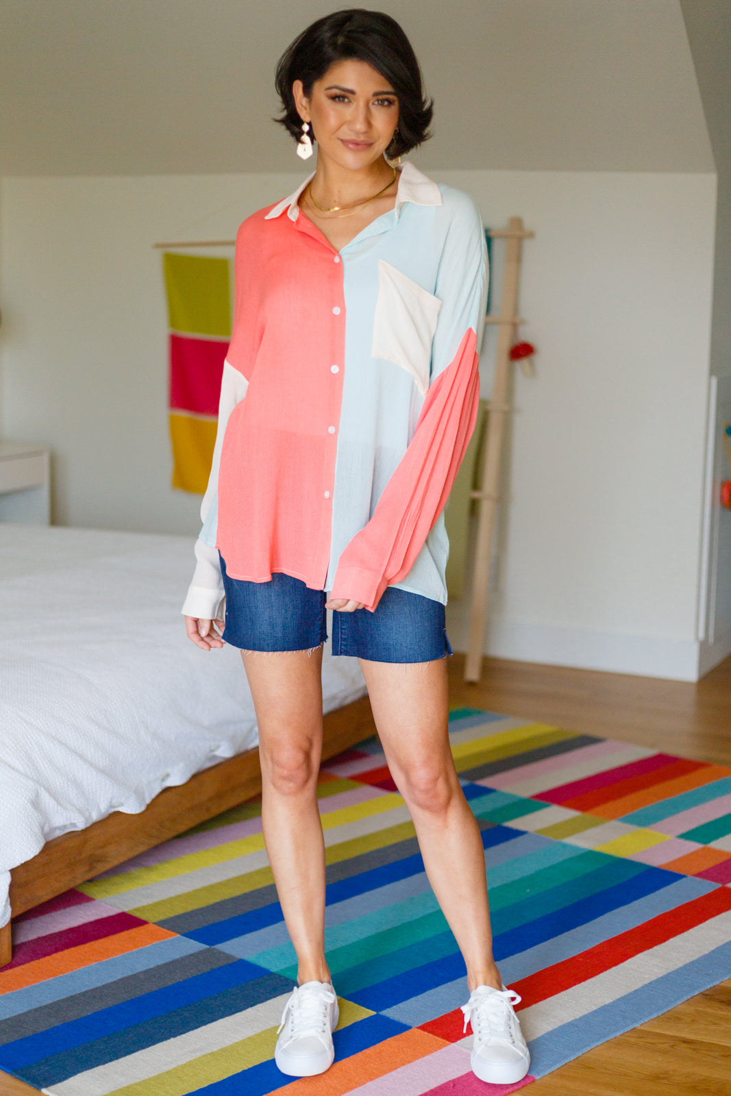 Capture The Day Two Toned Button Up-Tops-Inspired by Justeen-Women's Clothing Boutique in Chicago, Illinois
