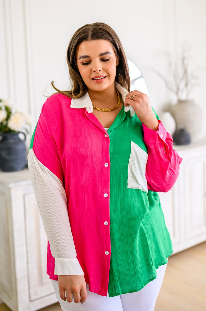 Capture the Day Two Toned Button Up Kelly-Long Sleeve Tops-Inspired by Justeen-Women's Clothing Boutique in Chicago, Illinois