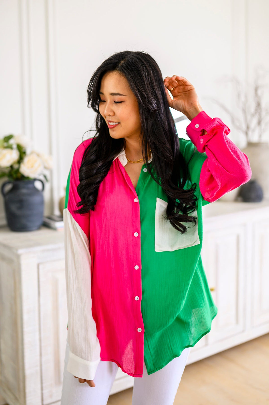 Capture the Day Two Toned Button Up Kelly-Long Sleeve Tops-Inspired by Justeen-Women's Clothing Boutique in Chicago, Illinois