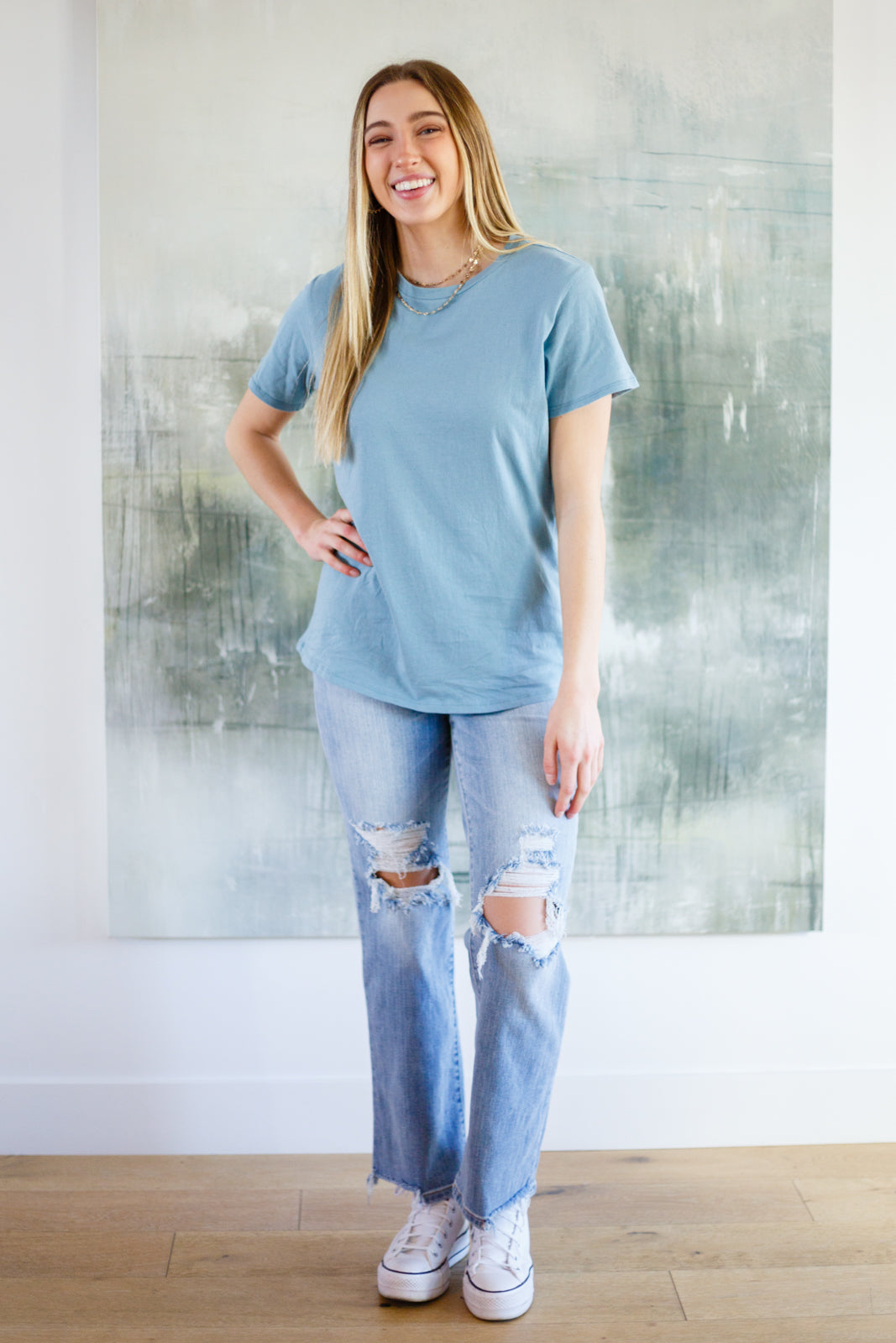 Cardinal Short Sleeve Tee in Blue Grey-Tops-Inspired by Justeen-Women's Clothing Boutique in Chicago, Illinois