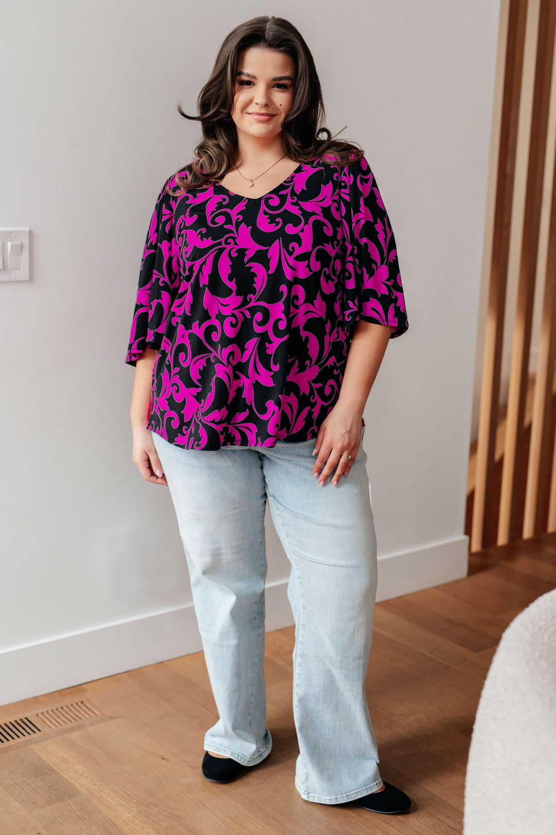 Casually Cute V-Neck Top in Magenta-Long Sleeve Tops-Inspired by Justeen-Women's Clothing Boutique in Chicago, Illinois