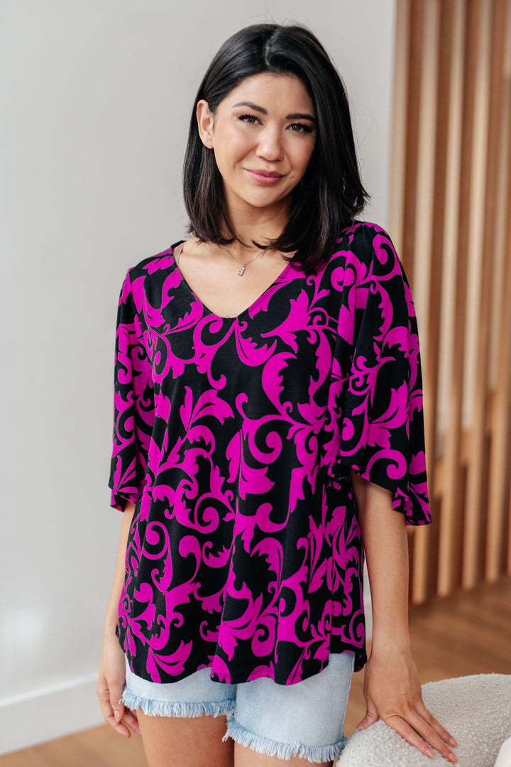 Casually Cute V-Neck Top in Magenta-Long Sleeve Tops-Inspired by Justeen-Women's Clothing Boutique in Chicago, Illinois