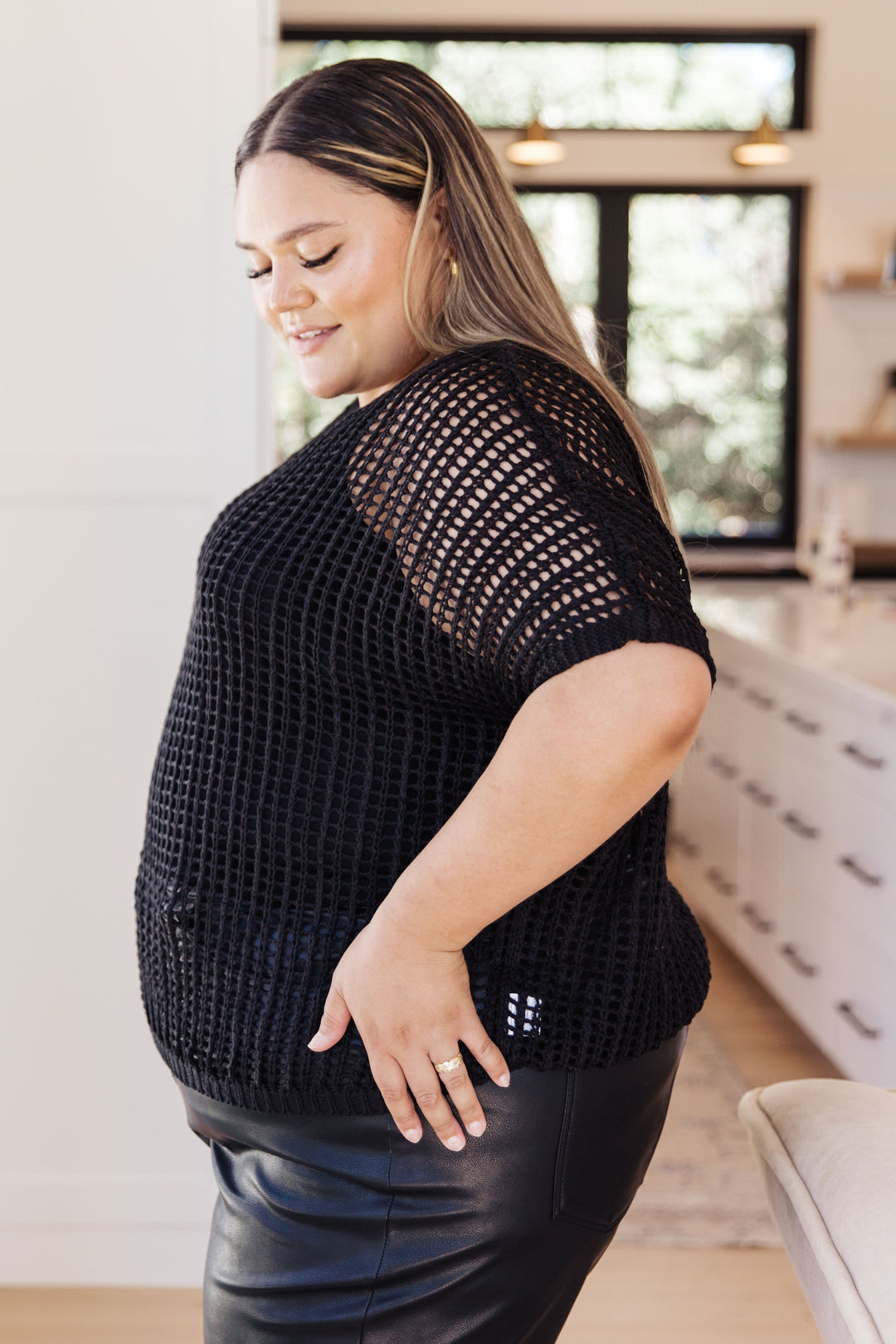 Coastal Dreams Fishnet Top in Black-Short Sleeve Tops-Inspired by Justeen-Women's Clothing Boutique