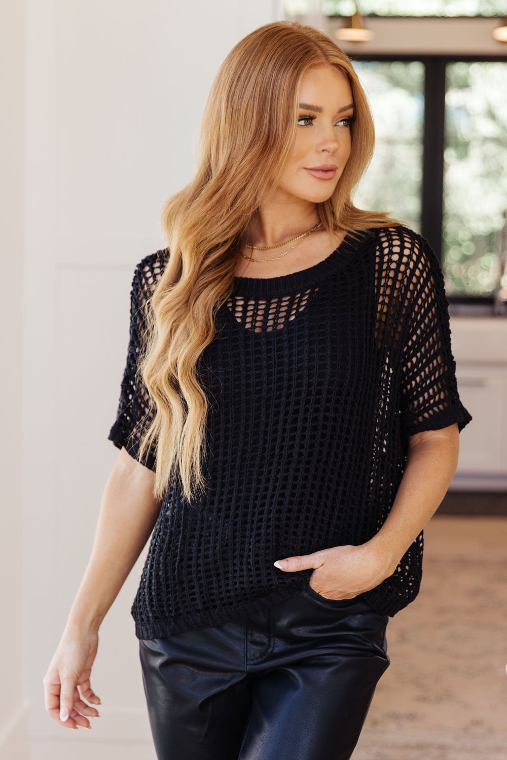 Coastal Dreams Fishnet Top in Black-Short Sleeve Tops-Inspired by Justeen-Women's Clothing Boutique in Chicago, Illinois