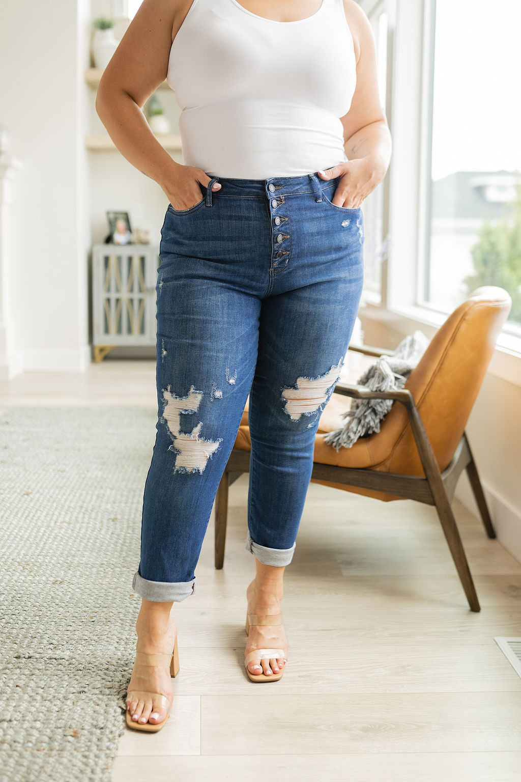 Colt High Rise Button Fly Distressed Boyfriend Jeans-Denim-Inspired by Justeen-Women's Clothing Boutique