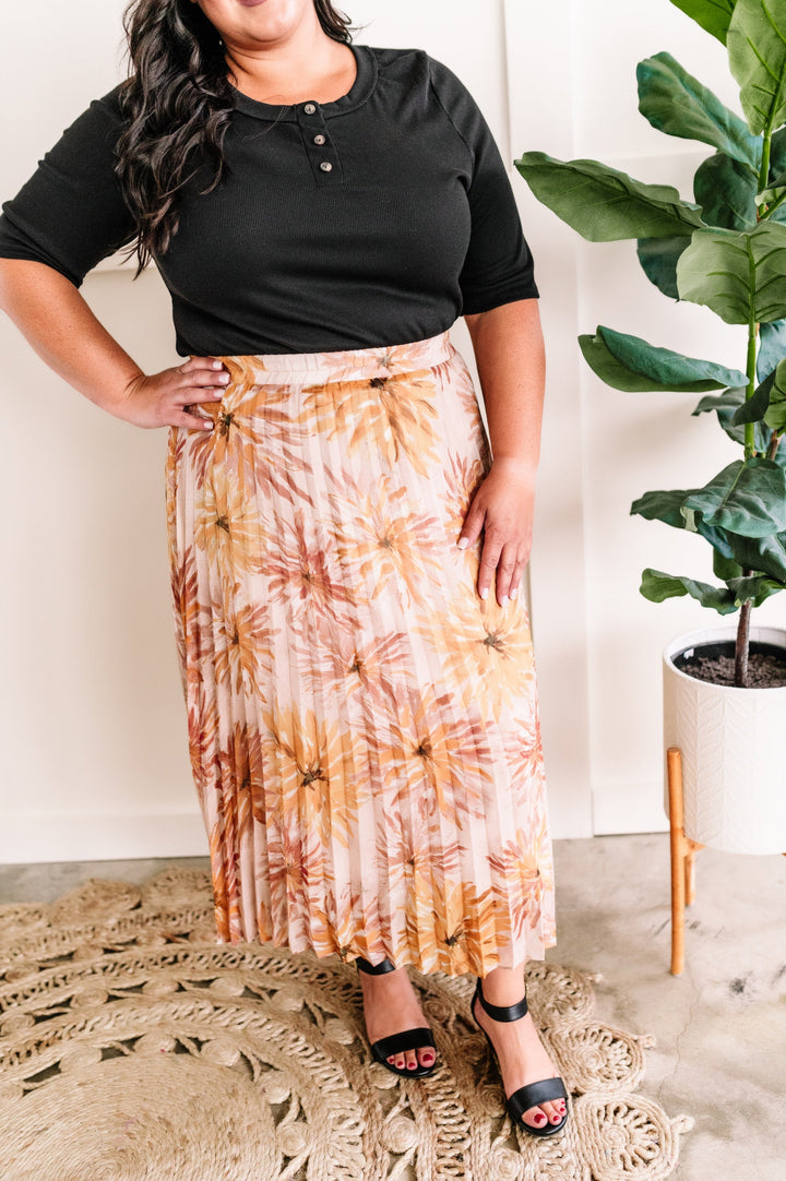 Pleated Skirt In Neutral Painted Florals-Skirts-Inspired by Justeen-Women's Clothing Boutique in Chicago, Illinois