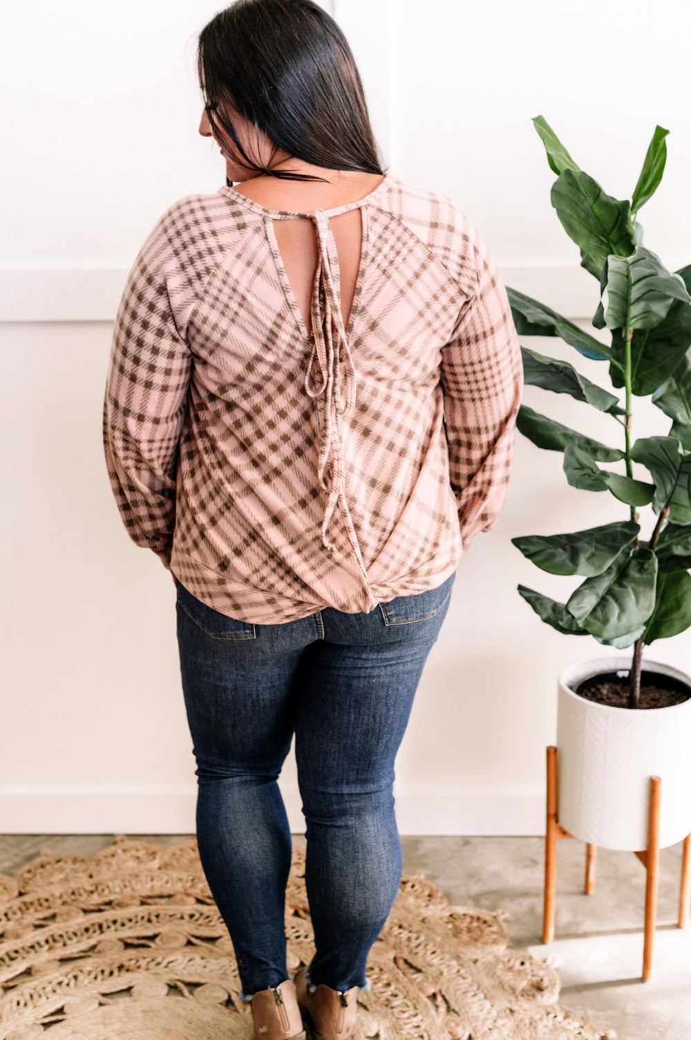 Tie Back Long Sleeve Top In Blush Plaid-Long Sleeve Tops-Inspired by Justeen-Women's Clothing Boutique in Chicago, Illinois