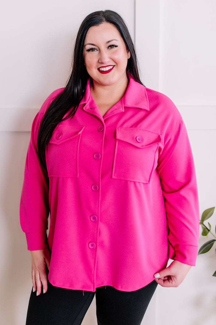 Button Down Stretchy Shacket In Malibu Pink-Inspired by Justeen-Women's Clothing Boutique in Chicago, Illinois