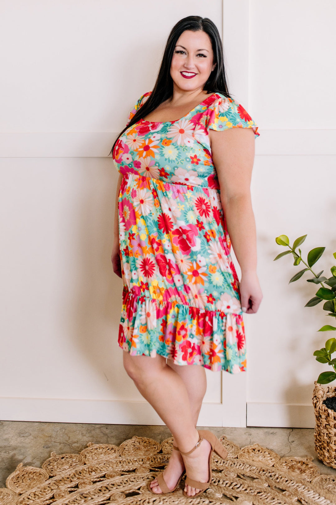Square Neck Flutter Sleeve Dress In Bright Under The Sea Florals-Inspired by Justeen-Women's Clothing Boutique in Chicago, Illinois