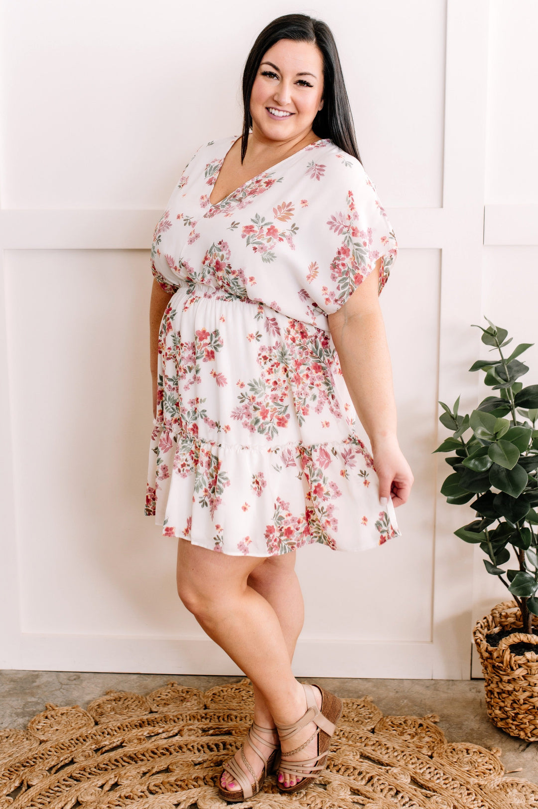 V-Neck Ivory Floral Dress In Sage & Cherry-Inspired by Justeen-Women's Clothing Boutique in Chicago, Illinois