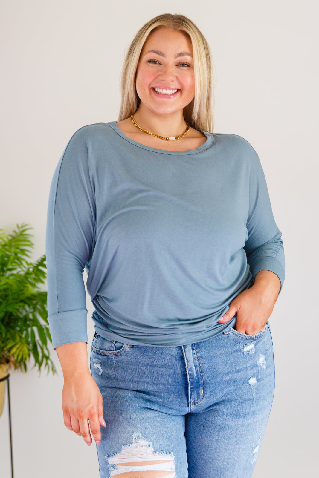 Daytime Boat Neck Top in Blue Gray-Tops-Inspired by Justeen-Women's Clothing Boutique in Chicago, Illinois
