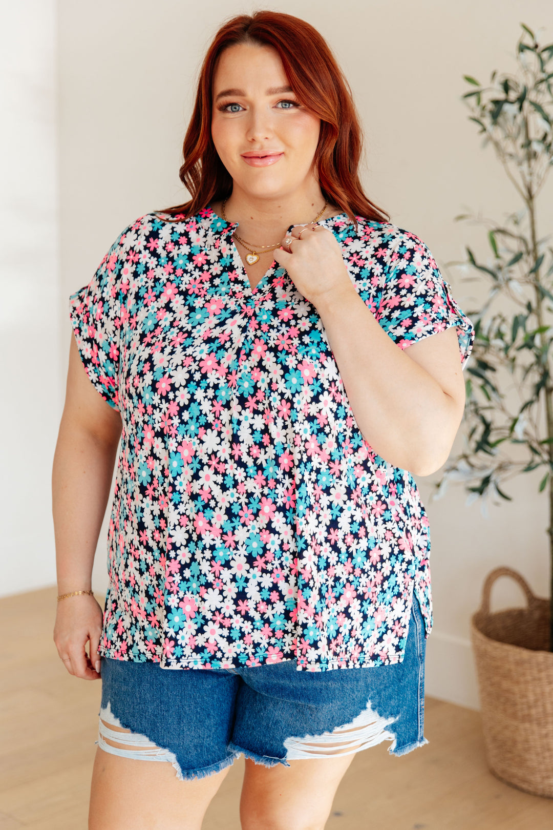 Lizzy Cap Sleeve Top in Navy and Hot Pink Floral-Short Sleeve Tops-Inspired by Justeen-Women's Clothing Boutique in Chicago, Illinois