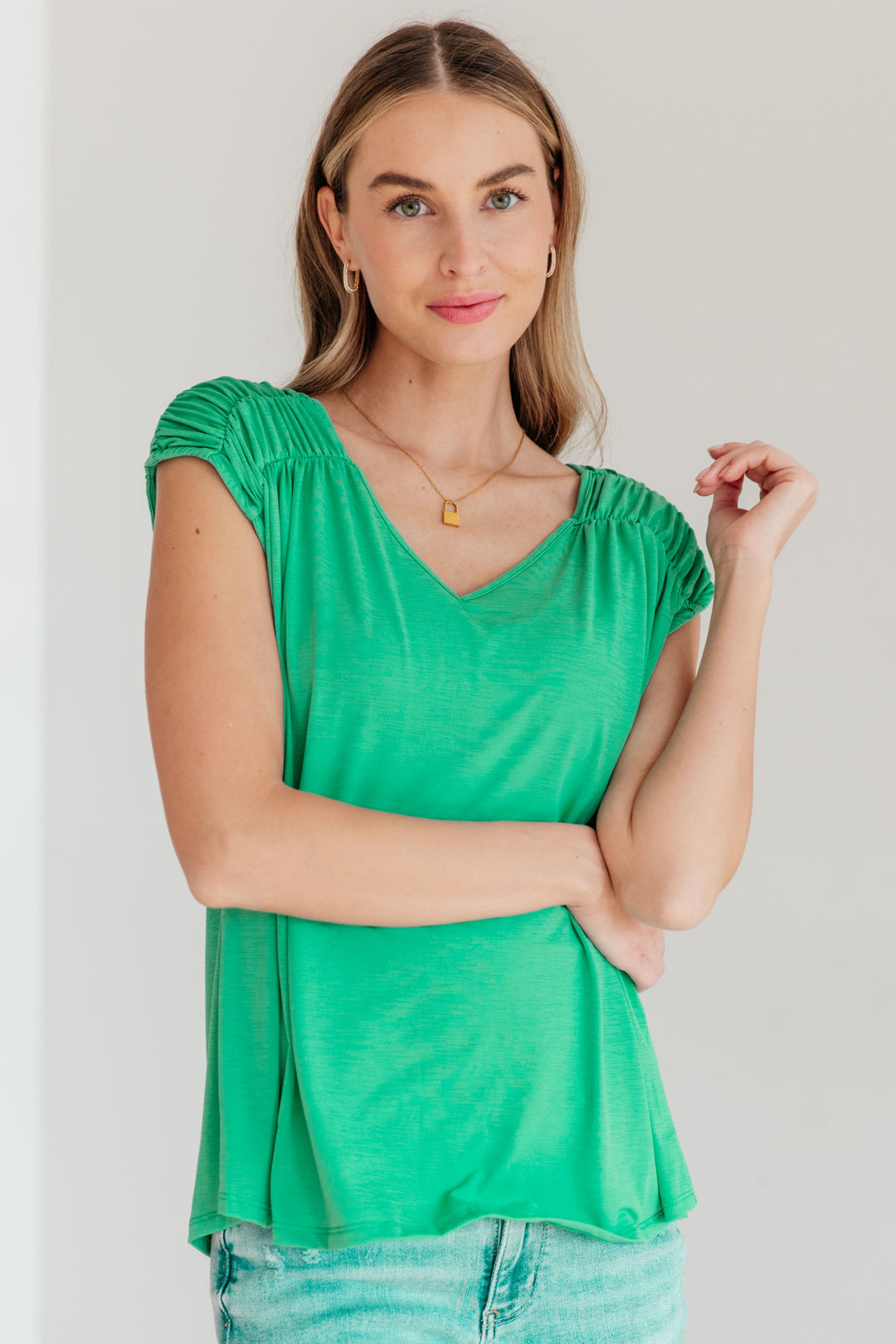Ruched Cap Sleeve Top in Emerald-Short Sleeve Tops-Inspired by Justeen-Women's Clothing Boutique in Chicago, Illinois