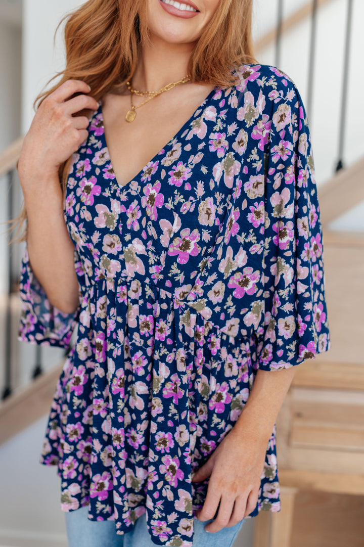 Dearest Dreamer Peplum Top in Navy Floral-Long Sleeve Tops-Inspired by Justeen-Women's Clothing Boutique in Chicago, Illinois