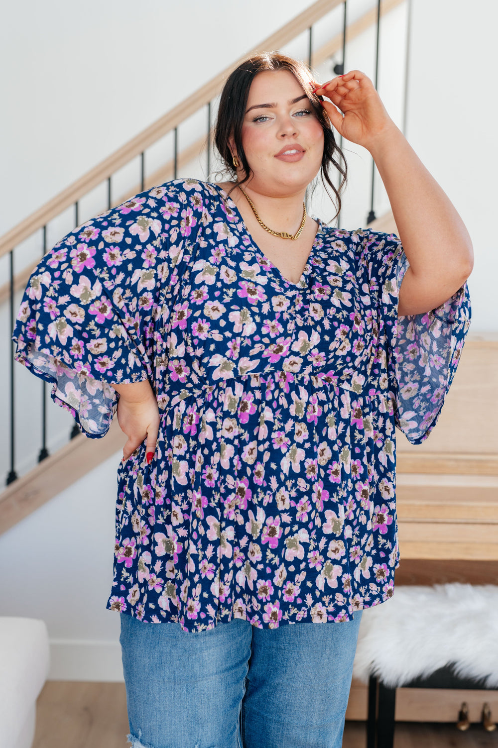 Dearest Dreamer Peplum Top in Navy Floral-Long Sleeve Tops-Inspired by Justeen-Women's Clothing Boutique in Chicago, Illinois