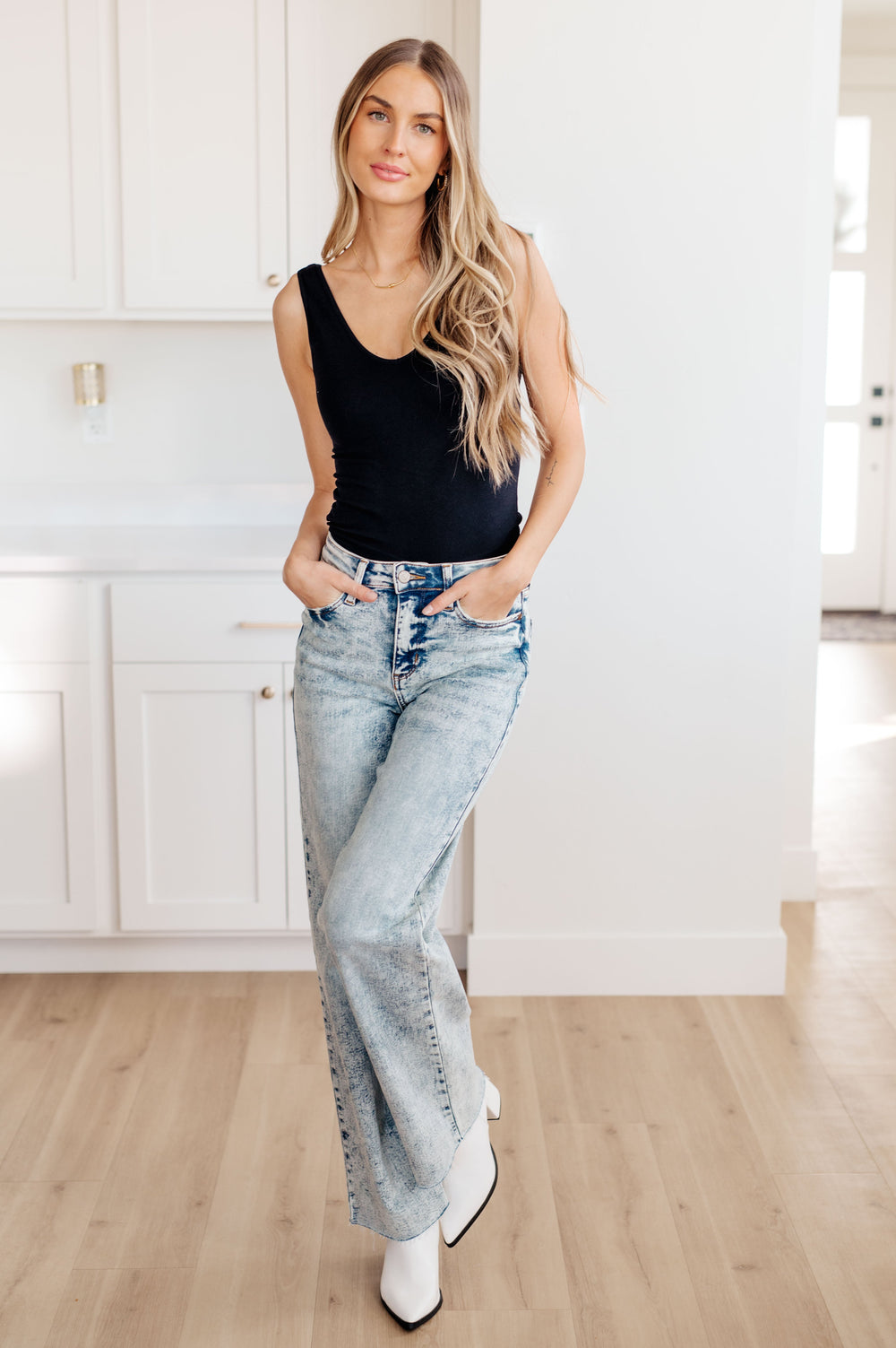 Dory High Waist Mineral Wash Raw Hem Wide Leg Jeans-Denim-Inspired by Justeen-Women's Clothing Boutique in Chicago, Illinois