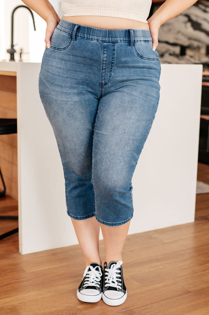 Emily High Rise Cool Denim Pull On Capri Jeans-Denim-Inspired by Justeen-Women's Clothing Boutique