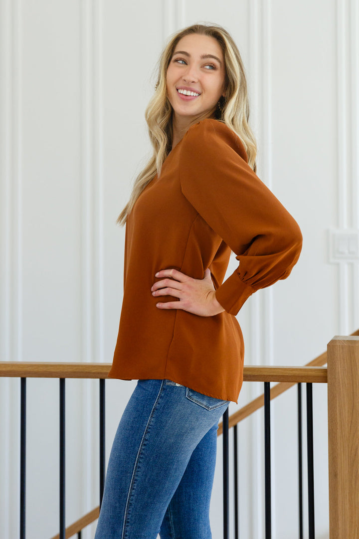 Enjoy This Moment V Neck Blouse In Toffee-Tops-Inspired by Justeen-Women's Clothing Boutique in Chicago, Illinois