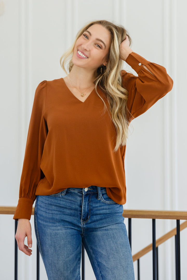 Enjoy This Moment V Neck Blouse In Toffee-Tops-Inspired by Justeen-Women's Clothing Boutique