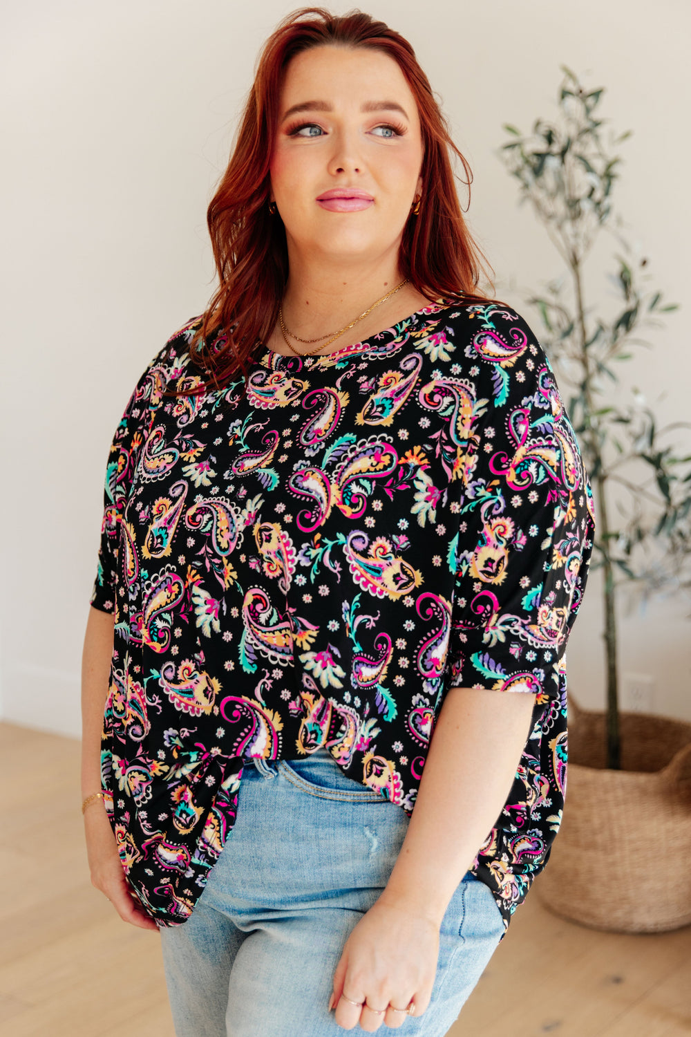 Essential Blouse in Black and Pink Paisley-Short Sleeve Tops-Inspired by Justeen-Women's Clothing Boutique in Chicago, Illinois