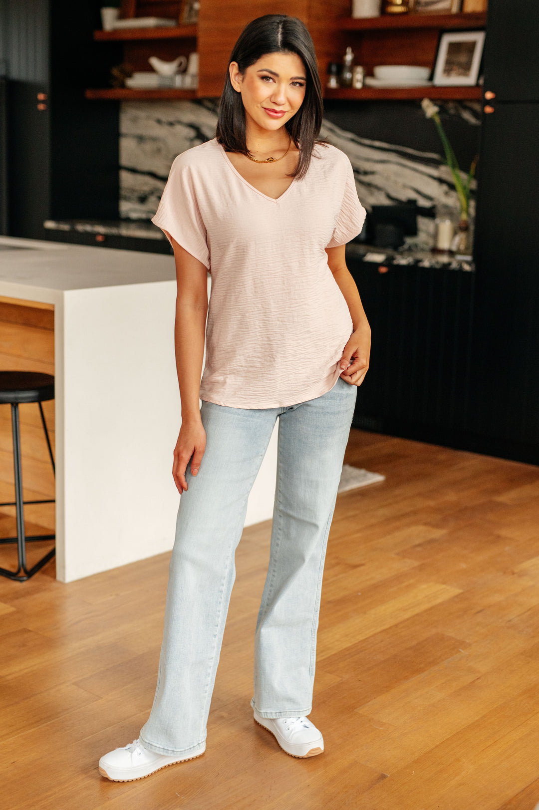 Frequently Asked Questions V-Neck Top in Blush-Short Sleeve Tops-Inspired by Justeen-Women's Clothing Boutique in Chicago, Illinois