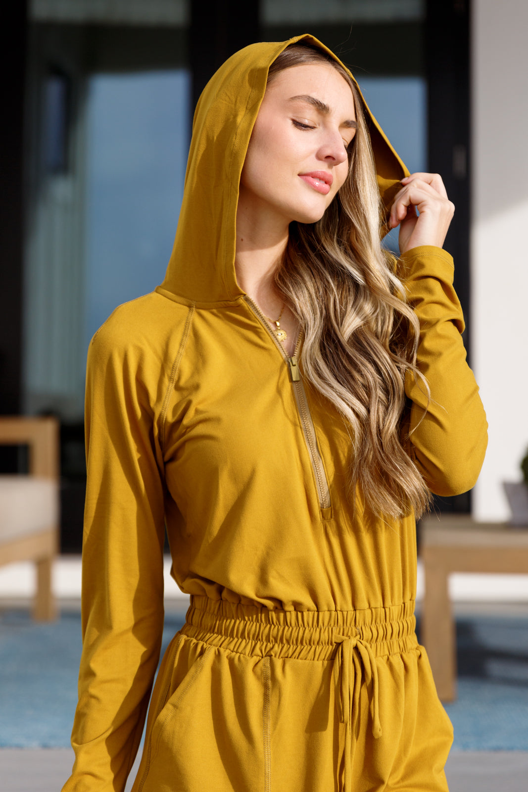 Getting Out Long Sleeve Hoodie Romper Gold Spice-Jumpsuits & Rompers-Inspired by Justeen-Women's Clothing Boutique