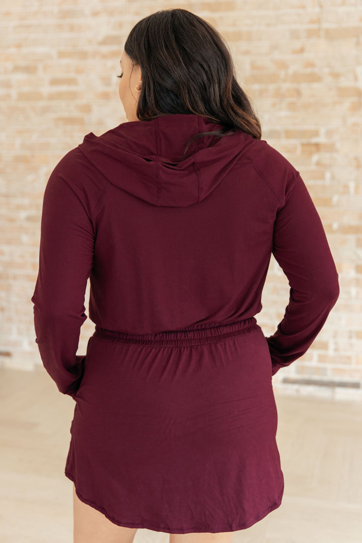 Getting Out Long Sleeve Hoodie Romper in Maroon-Sweaters/Sweatshirts-Inspired by Justeen-Women's Clothing Boutique in Chicago, Illinois