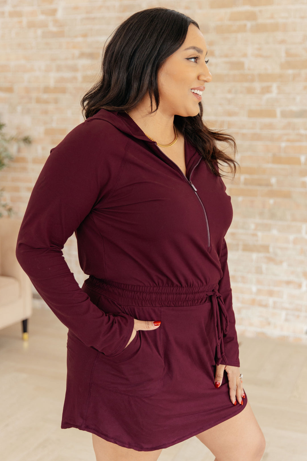Getting Out Long Sleeve Hoodie Romper in Maroon-Sweaters/Sweatshirts-Inspired by Justeen-Women's Clothing Boutique in Chicago, Illinois