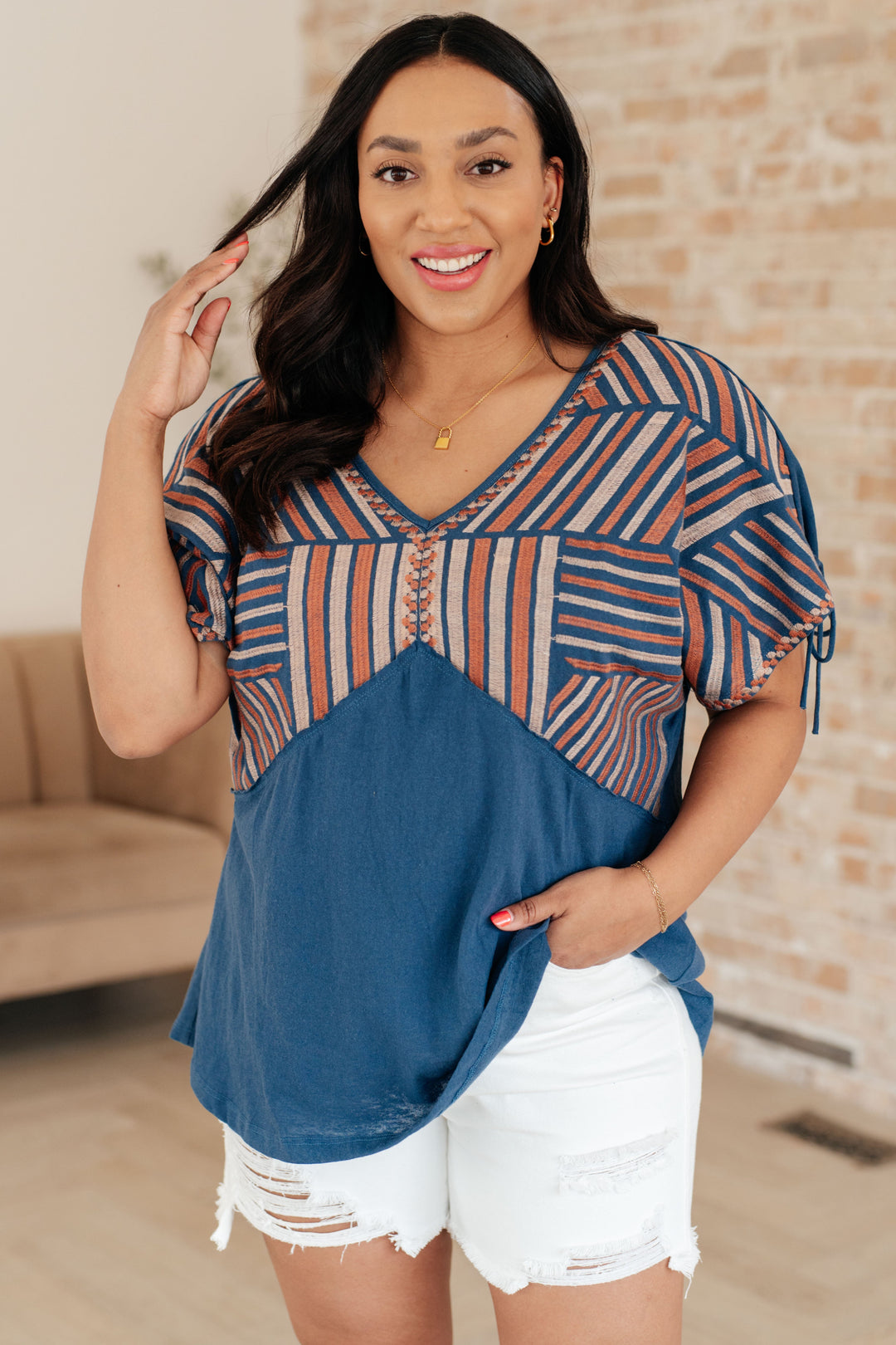 Greece Lightning V-Neck Blouse-Short Sleeve Tops-Inspired by Justeen-Women's Clothing Boutique in Chicago, Illinois