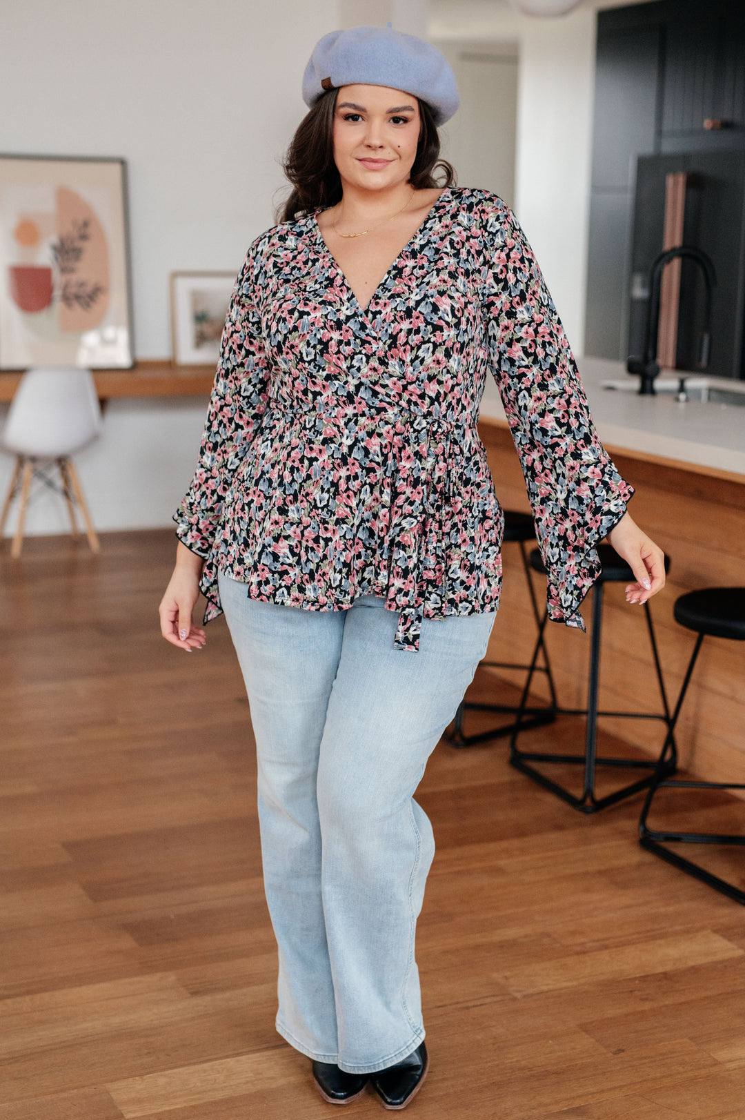 Have It All Angel Sleeve Top in Black Floral-Long Sleeve Tops-Inspired by Justeen-Women's Clothing Boutique in Chicago, Illinois