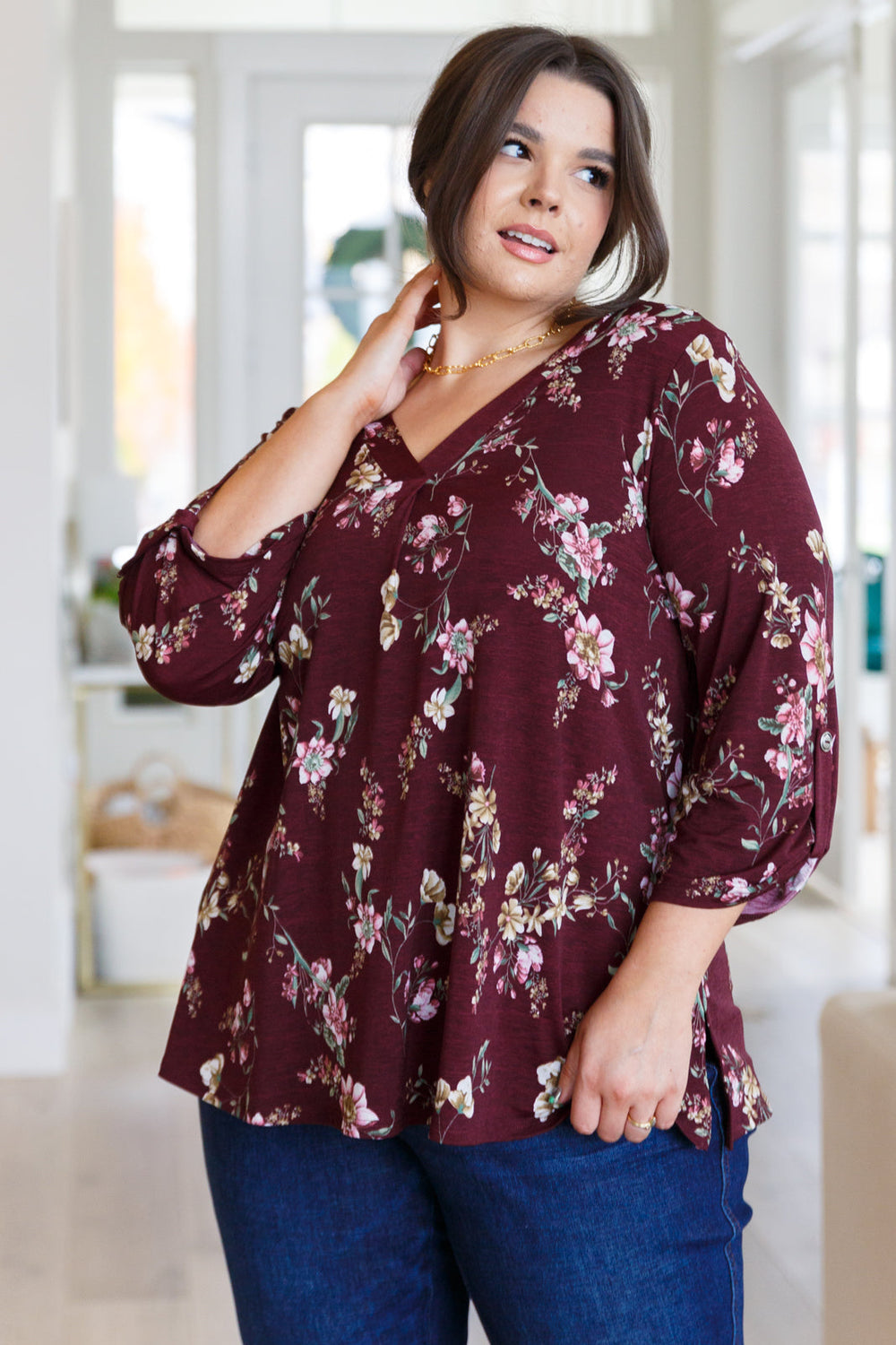 Hometown Classic Top in Wine Floral-Long Sleeve Tops-Inspired by Justeen-Women's Clothing Boutique in Chicago, Illinois