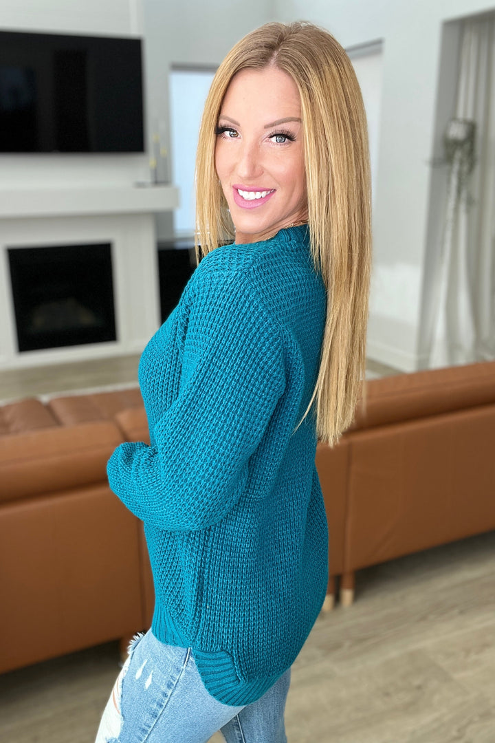 High Low Waffle Knit Sweater in Ocean Teal-Sweaters/Sweatshirts-Inspired by Justeen-Women's Clothing Boutique in Chicago, Illinois