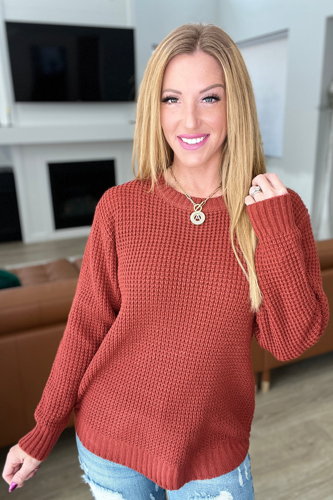 High Low Waffle Knit Sweater in Rust-Sweaters/Sweatshirts-Inspired by Justeen-Women's Clothing Boutique in Chicago, Illinois