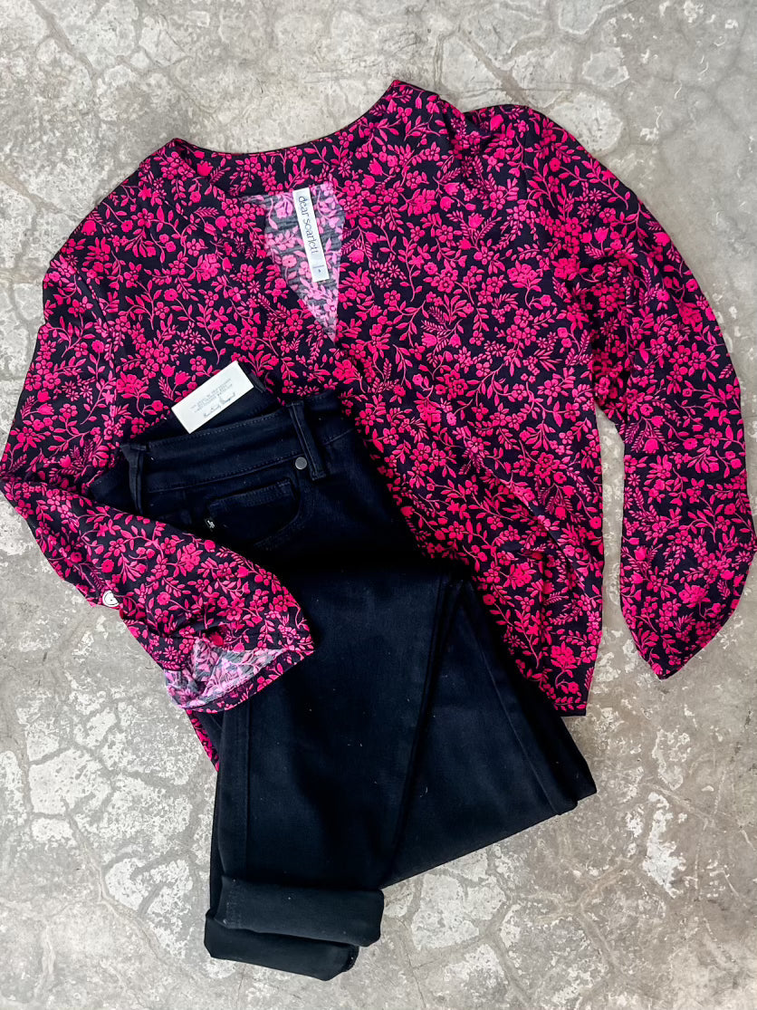 Gabby Front Top With Button Sleeve Detail In Magenta Florals-Long Sleeve Tops-Inspired by Justeen-Women's Clothing Boutique in Chicago, Illinois