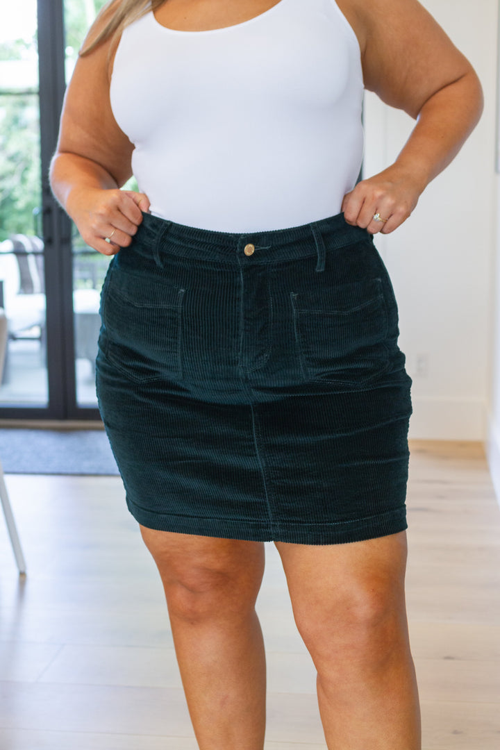 Melinda Corduroy Patch Pocket Skirt in Emerald-Skirts-Inspired by Justeen-Women's Clothing Boutique in Chicago, Illinois